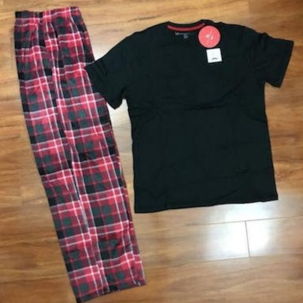 Karen Neuburger Mens Mens Buffalo Plaid Fleece Tee & Pajama Bottoms,Various Sz
